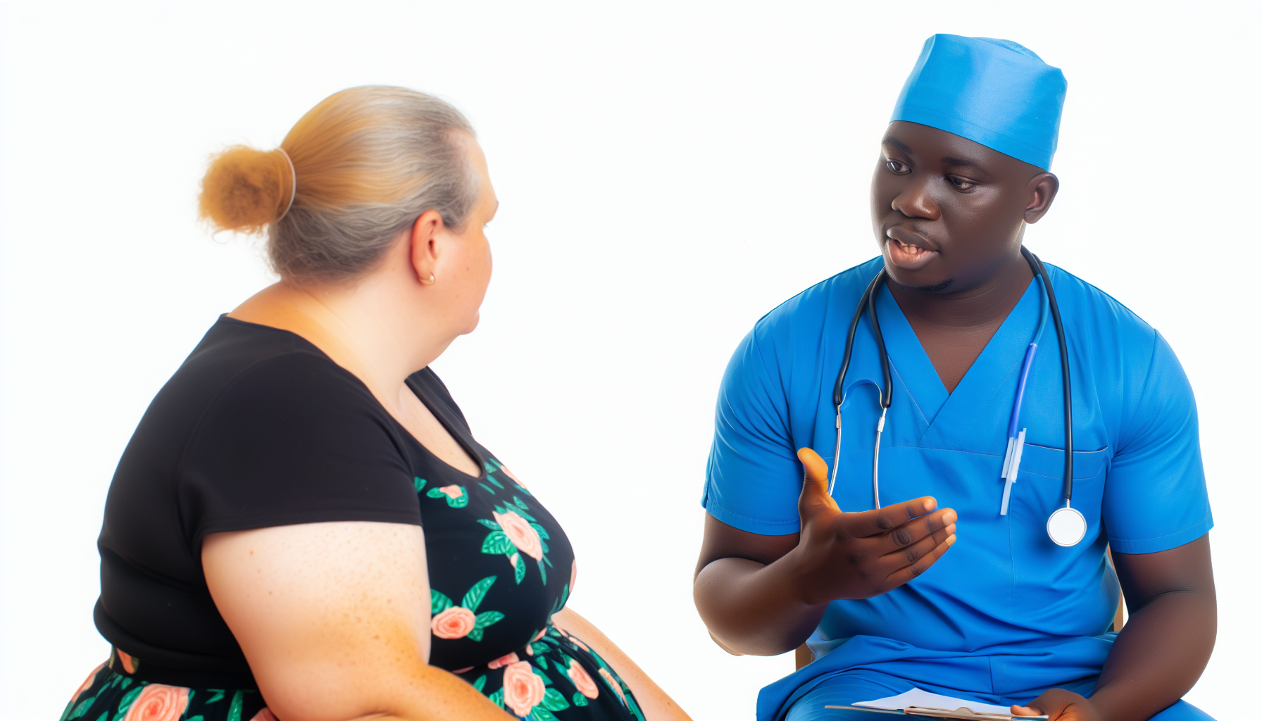 Ein afrikanischer männlicher Gesundheitsdienstleister trägt blaue Scrubs und ein Stethoskop um den Hals vor einem weißen Hintergrund. Er diskutiert Gesundheitsfragen mit einer übergewichtigen kaukasischen Frau, die ein Blumenkleid trägt und neben ihm sitzt. Sie hört aufmerksam den Ratschlägen zu.