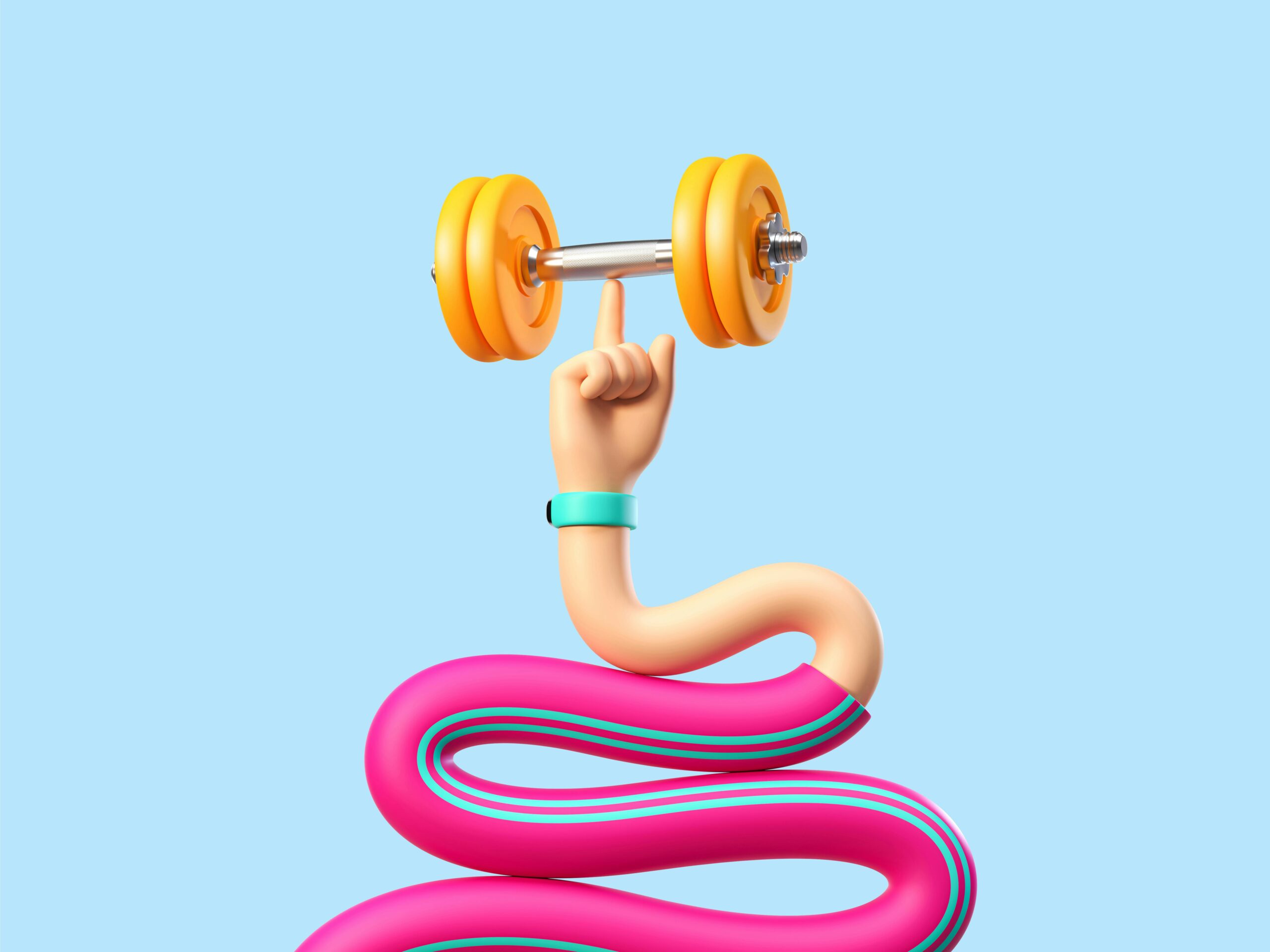 Lustige Cartoon Flexible Hand Mit Einer Hantel, Clip Art Isoliert Auf Blauem Hintergrund. Sportmetapher, Die Das Konzept Von Sieg Und Stärke Enthüllt