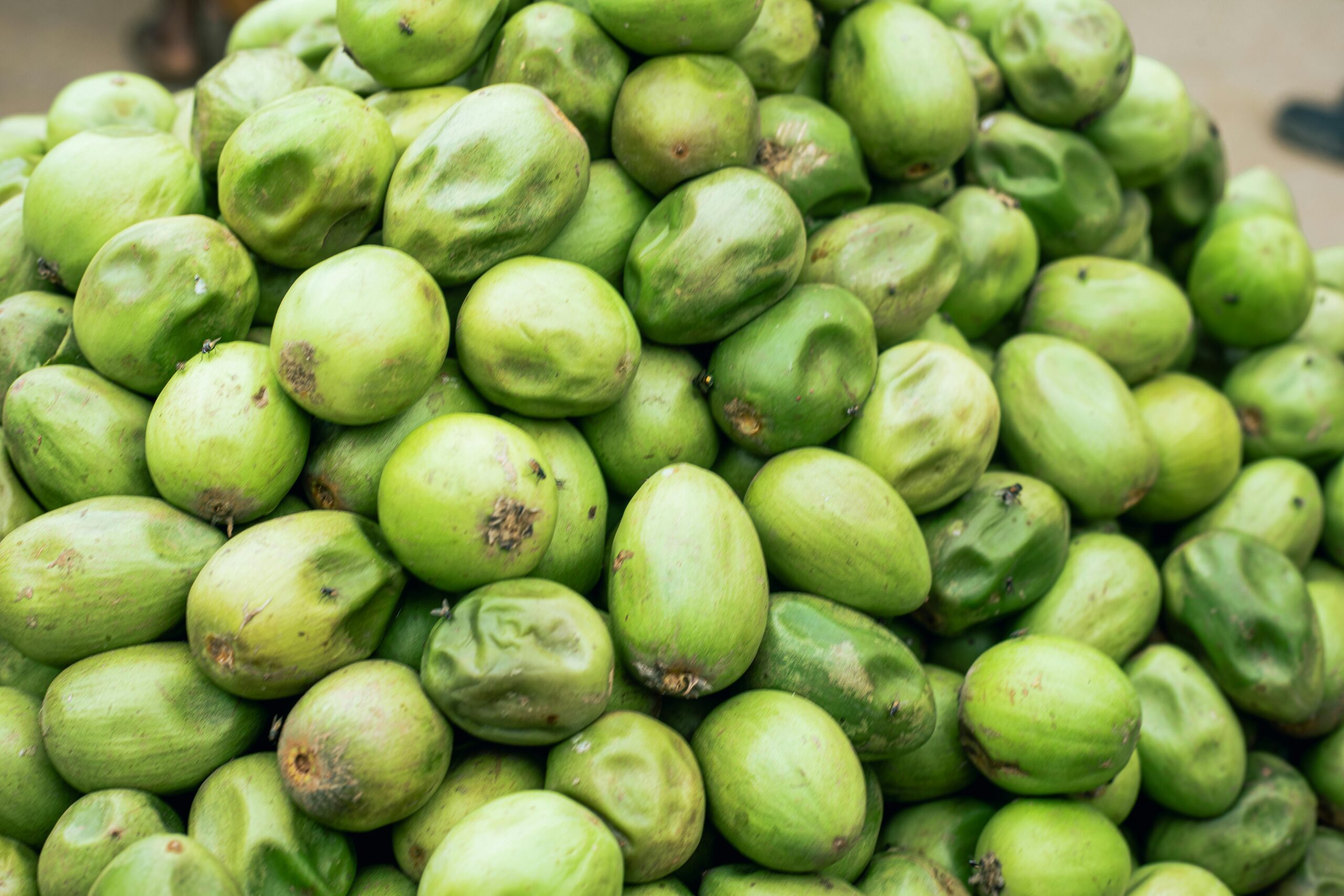 Nahaufnahme eines farbenfrohen Haufens frischer grüner Oliven, die an einem Marktstand ausgestellt sind.